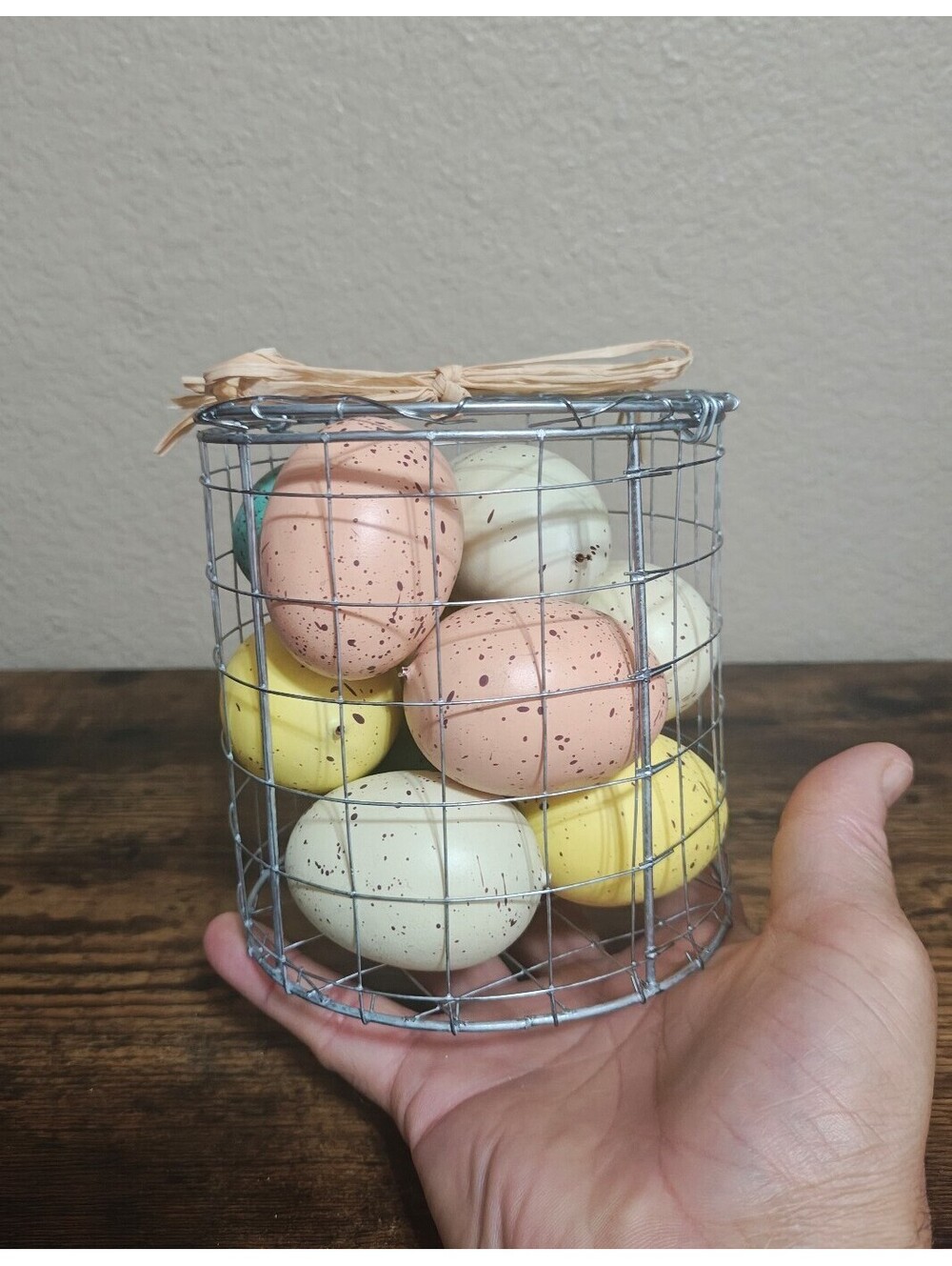 Spring Decorative Easter Eggs In Wire Basket